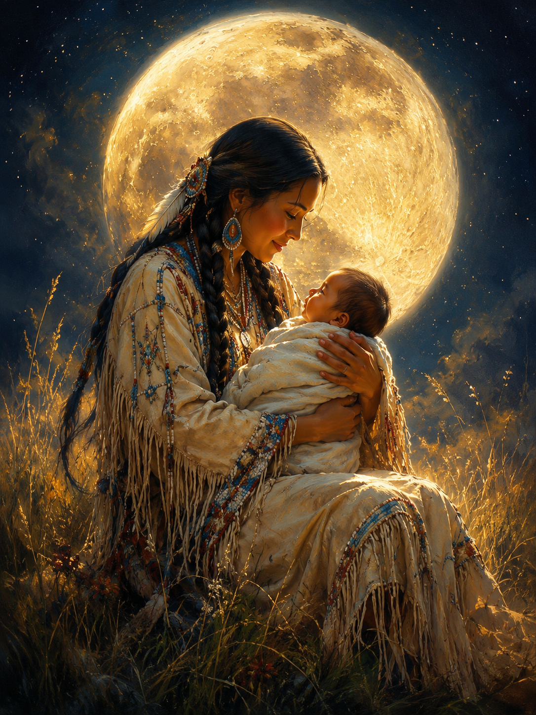 Affiche Amérindienne – Mère & Enfant sous la Pleine Lune | Art Spirituel