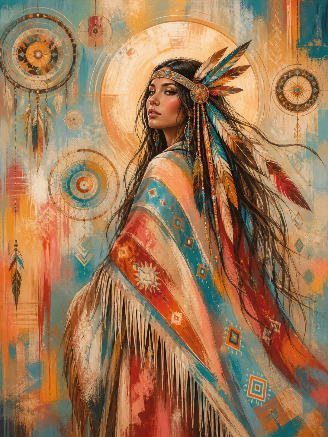 Affiche Amérindienne – Femme aux Plumes, Lumière Dorée & Capteurs de Rêves