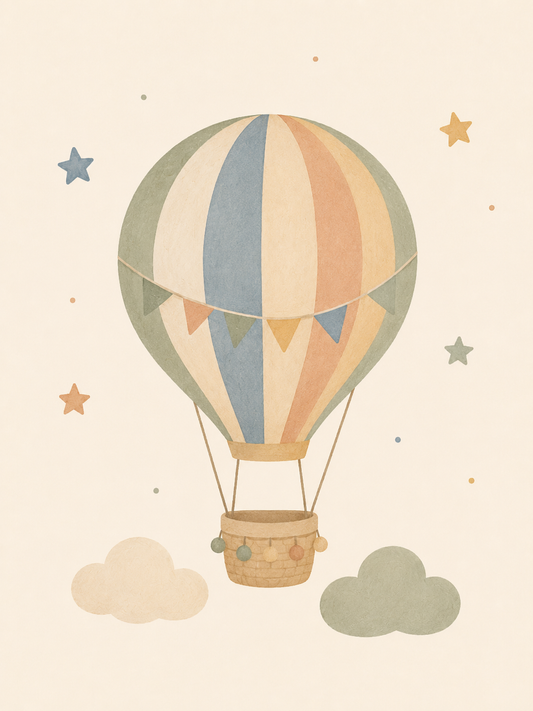 Affiche Enfant – Montgolfière Pastel et Étoiles | Décoration Chambre Bébé