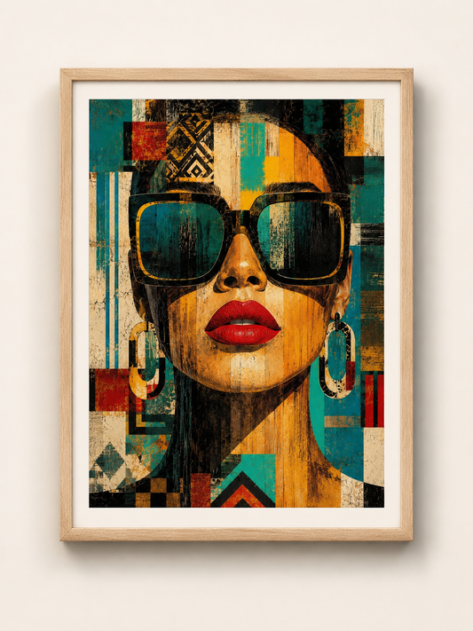 Affiche Portrait Féminin Vintage – Lunettes & Motifs Ethniques – avec ou sans Cadre