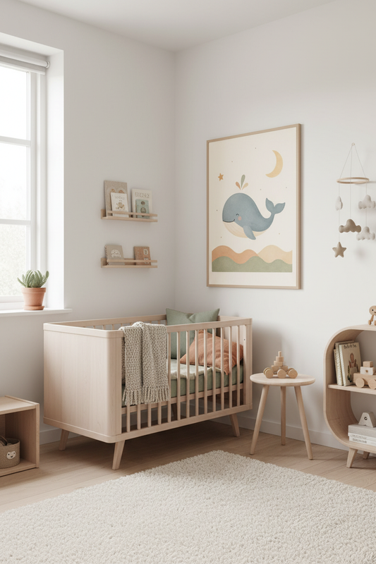 Mockup affiche petite baleine lune dans une chambre enfant scandinave