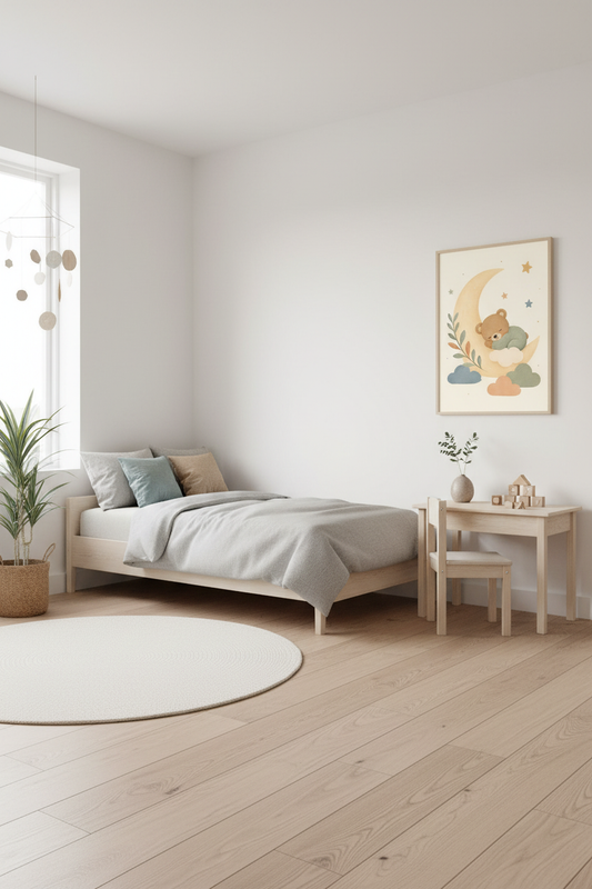 Mockup affiche ourson lune dans une chambre enfant scandinave