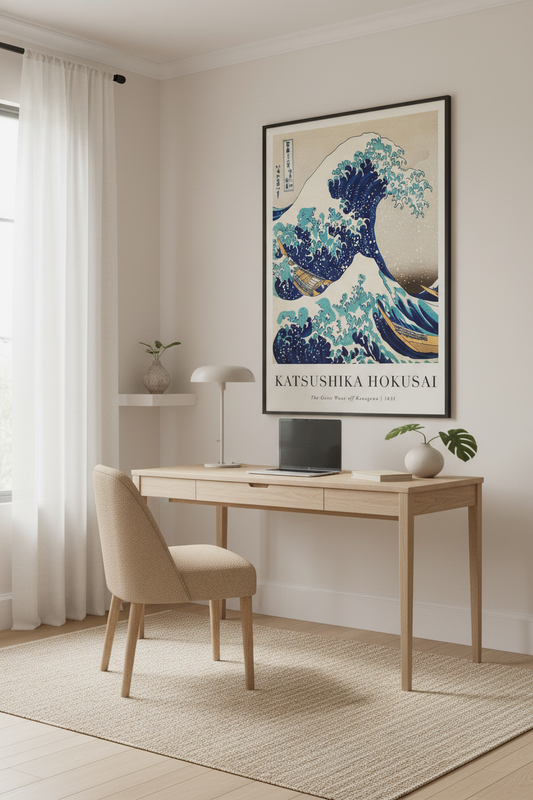 Mockup affiche Hokusai Grande Vague dans un bureau style Japandi