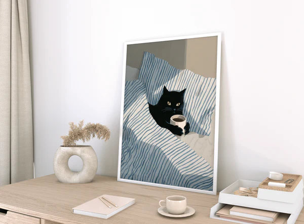 Affiche Chat Noir Cosy – Poster Illustration Moderne | Décoration Murale Chambre