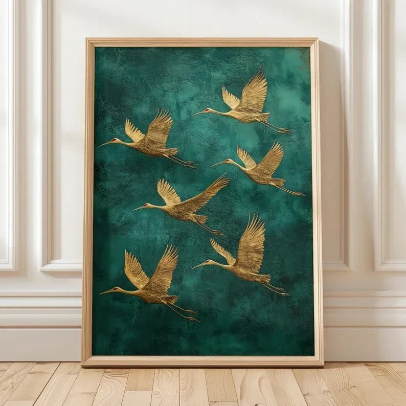Affiche Grues Dorées en Envol – Décoration Murale Élégante & Zen