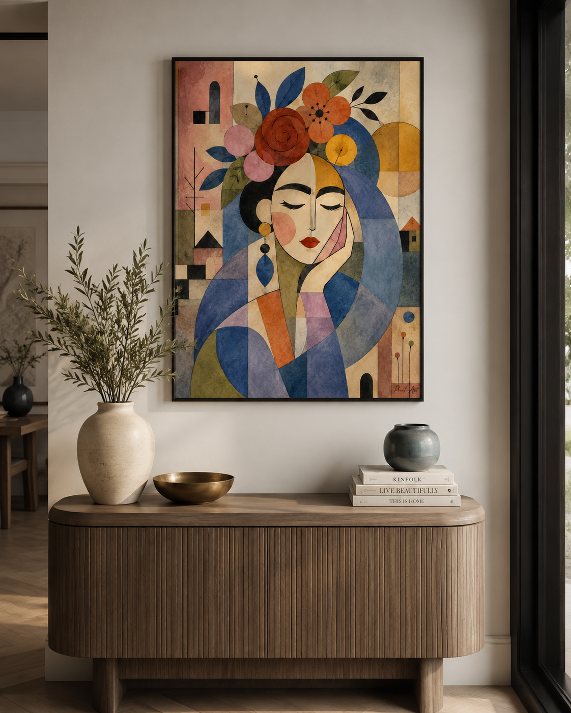 Affiche Portrait Féminin Géométrique Floral – Art Cubiste & Bohème – avec ou sans Cadre