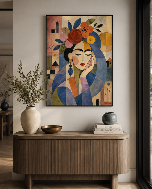 Affiche Portrait Féminin Géométrique Floral – Art Cubiste & Bohème – avec ou sans Cadre