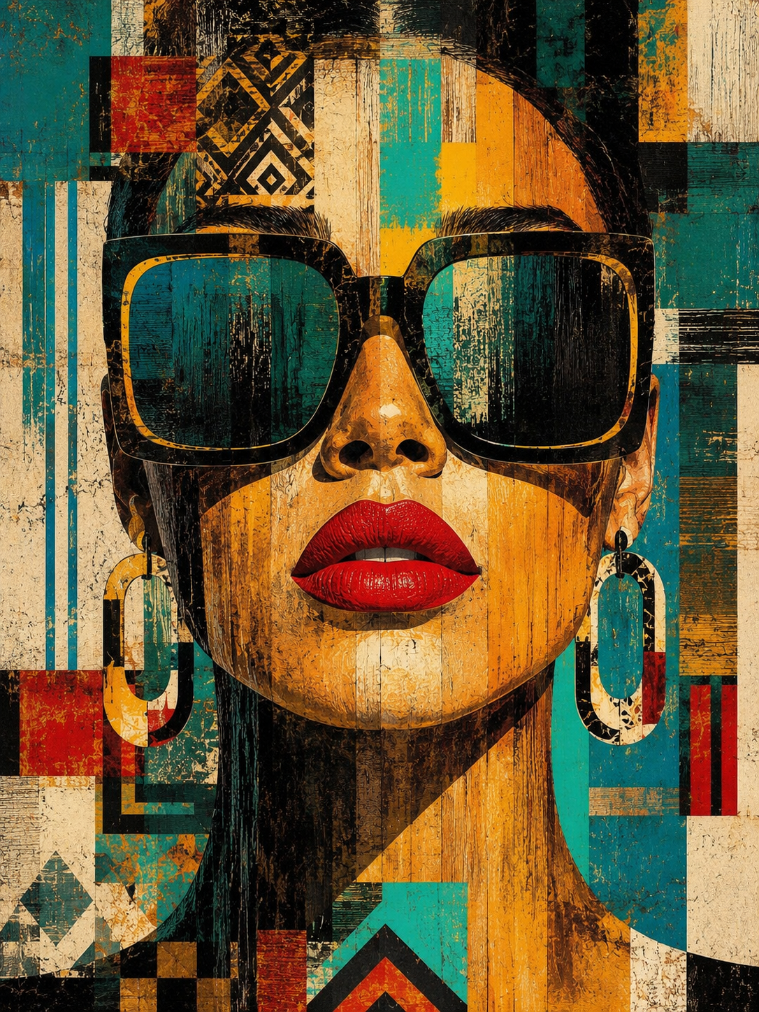 Affiche Portrait Féminin Vintage – Lunettes & Motifs Ethniques – avec ou sans Cadre