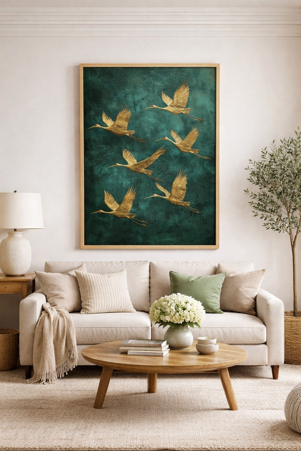 Affiche Grues Dorées en Envol – Décoration Murale Élégante & Zen