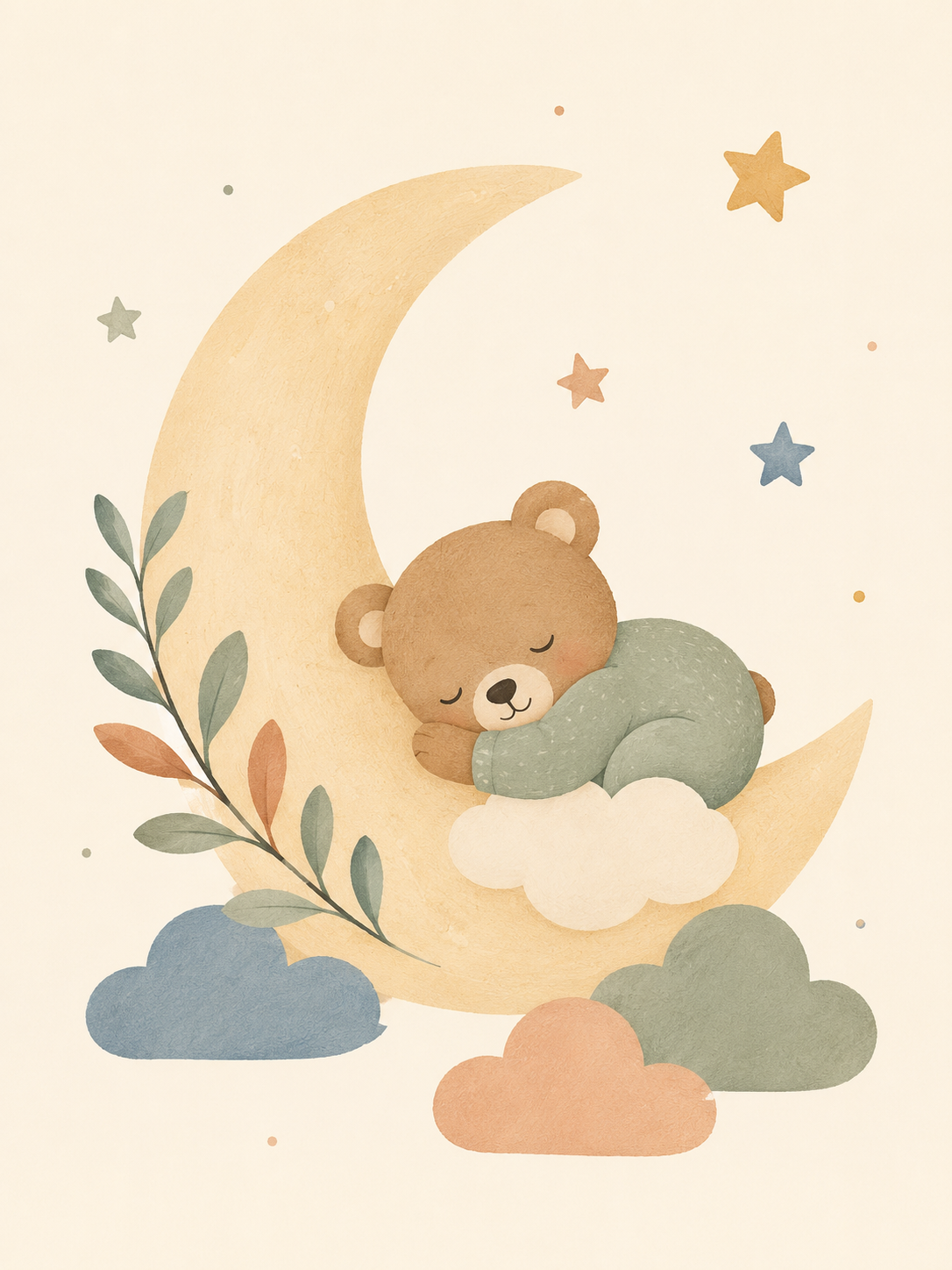 Affiche Enfant – Ourson Endormi sur la Lune | Décoration Chambre Bébé