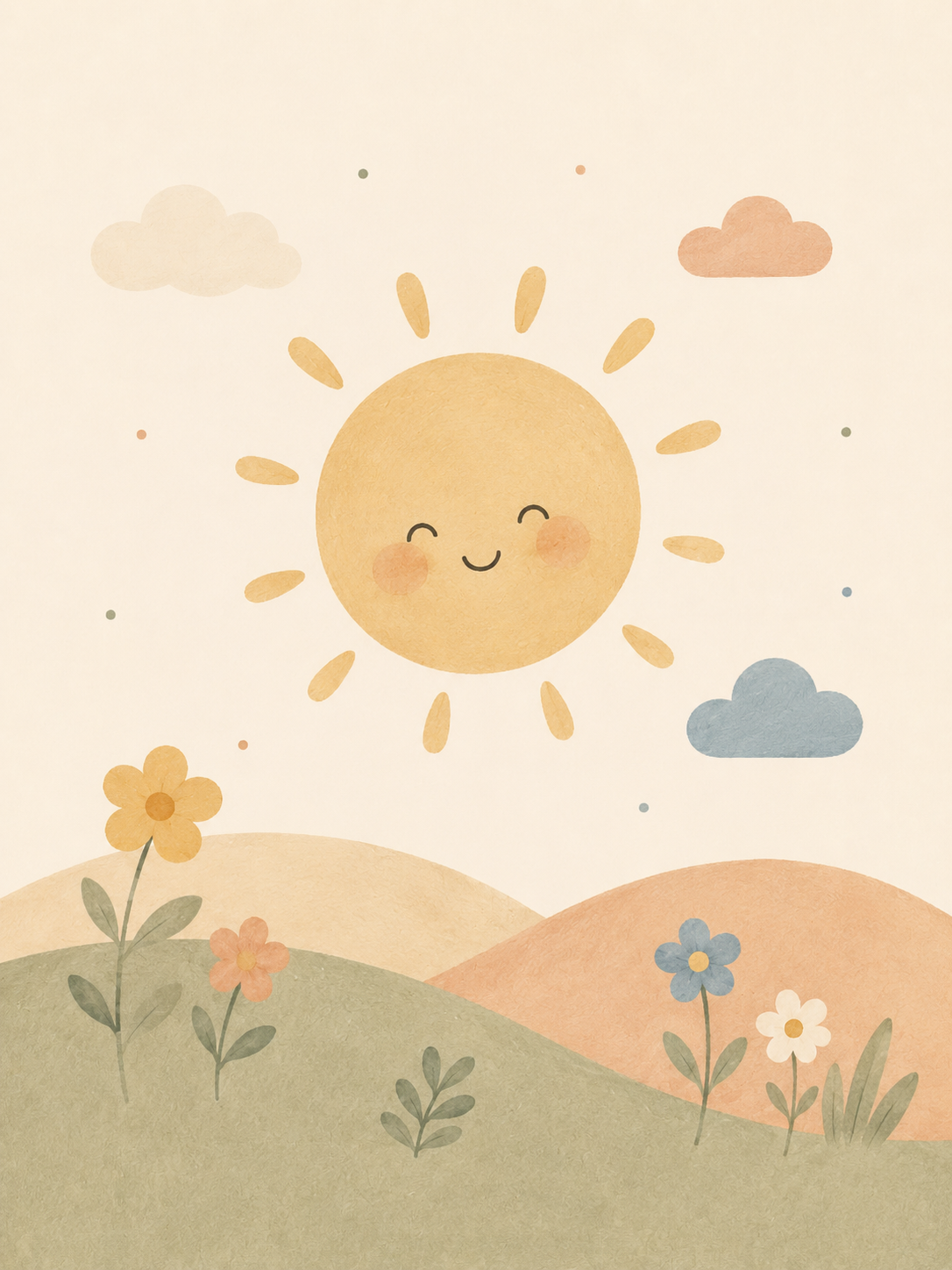 Affiche Enfant – Soleil Souriant Fleurs et Nuages | Décoration Chambre Bébé