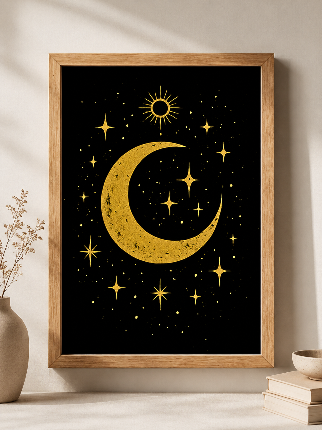 Affiche Céleste « Mystique Lunaire » – Lune Dorée sur Fond Noir – avec ou sans Cadre