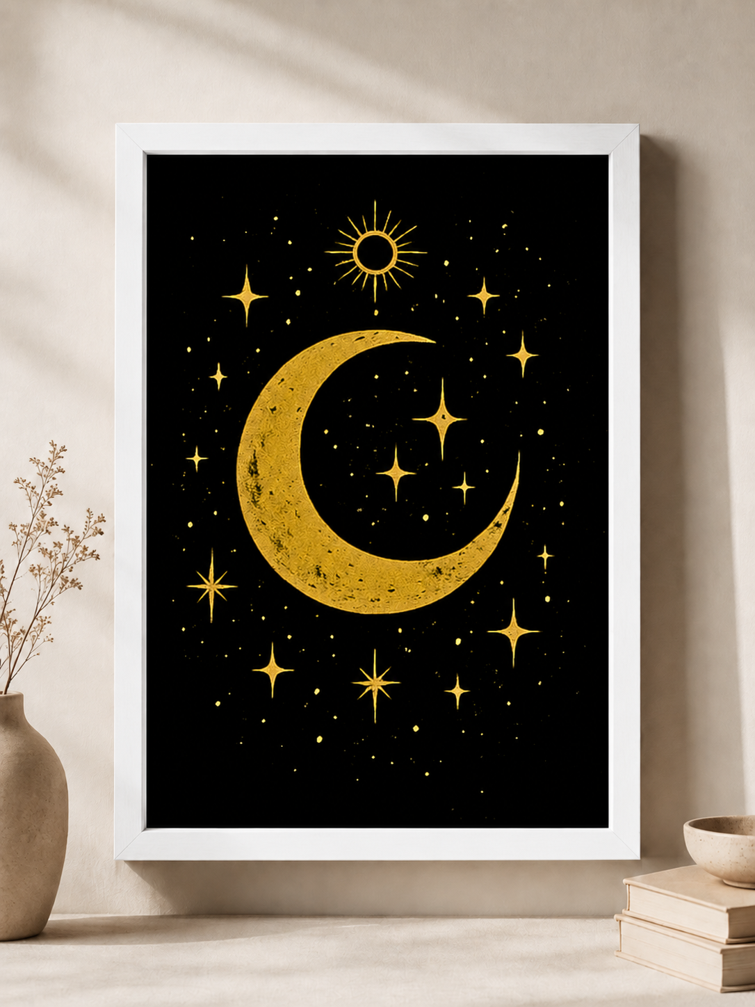 Affiche Céleste « Mystique Lunaire » – Lune Dorée sur Fond Noir – avec ou sans Cadre