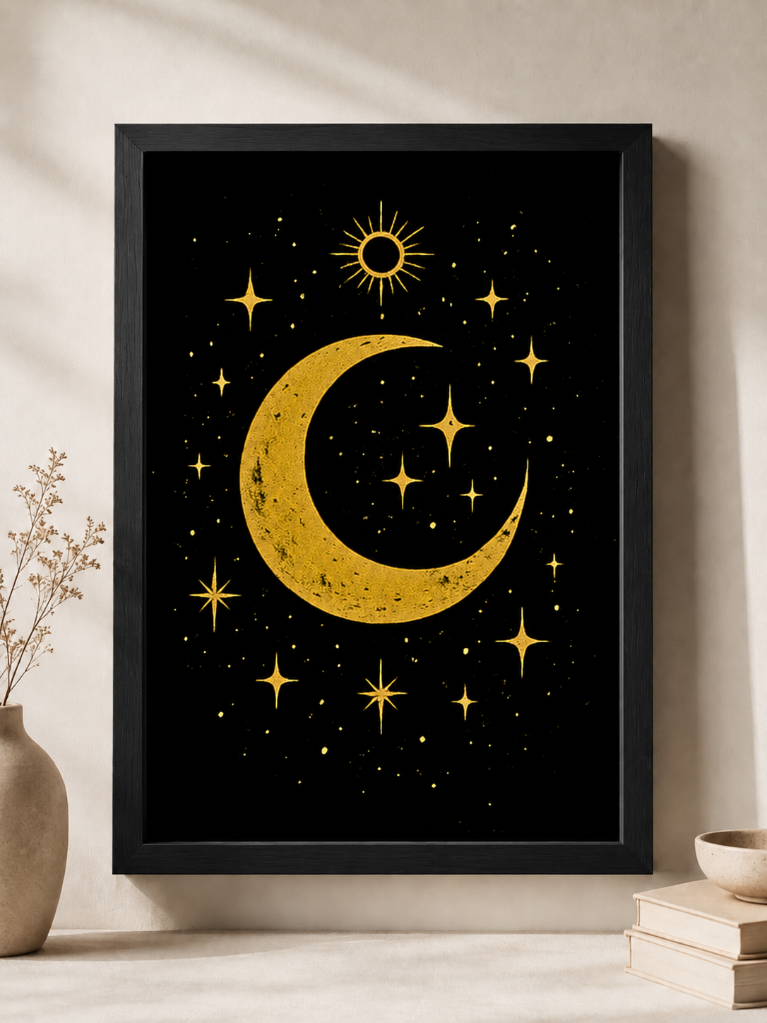 Affiche Céleste « Mystique Lunaire » – Lune Dorée sur Fond Noir – avec ou sans Cadre