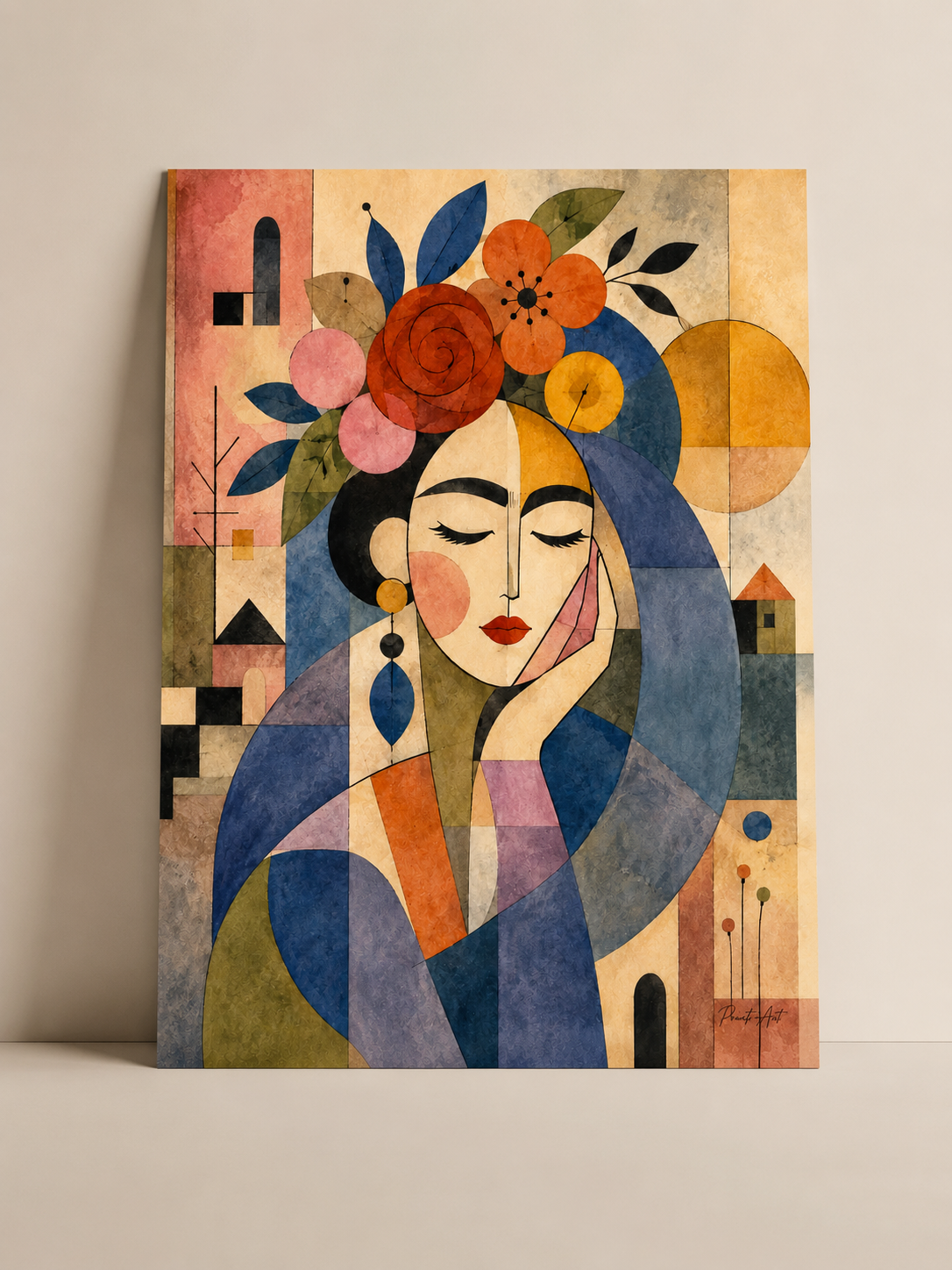 Affiche Portrait Féminin Géométrique Floral – Art Cubiste & Bohème – avec ou sans Cadre