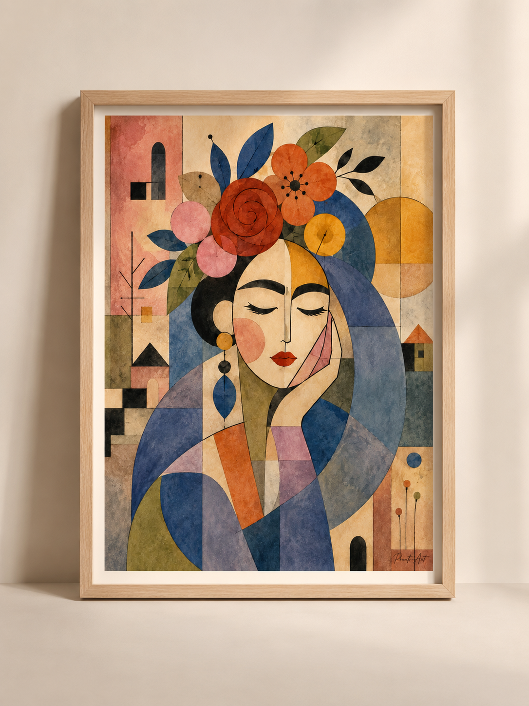 Affiche Portrait Féminin Géométrique Floral – Art Cubiste & Bohème – avec ou sans Cadre