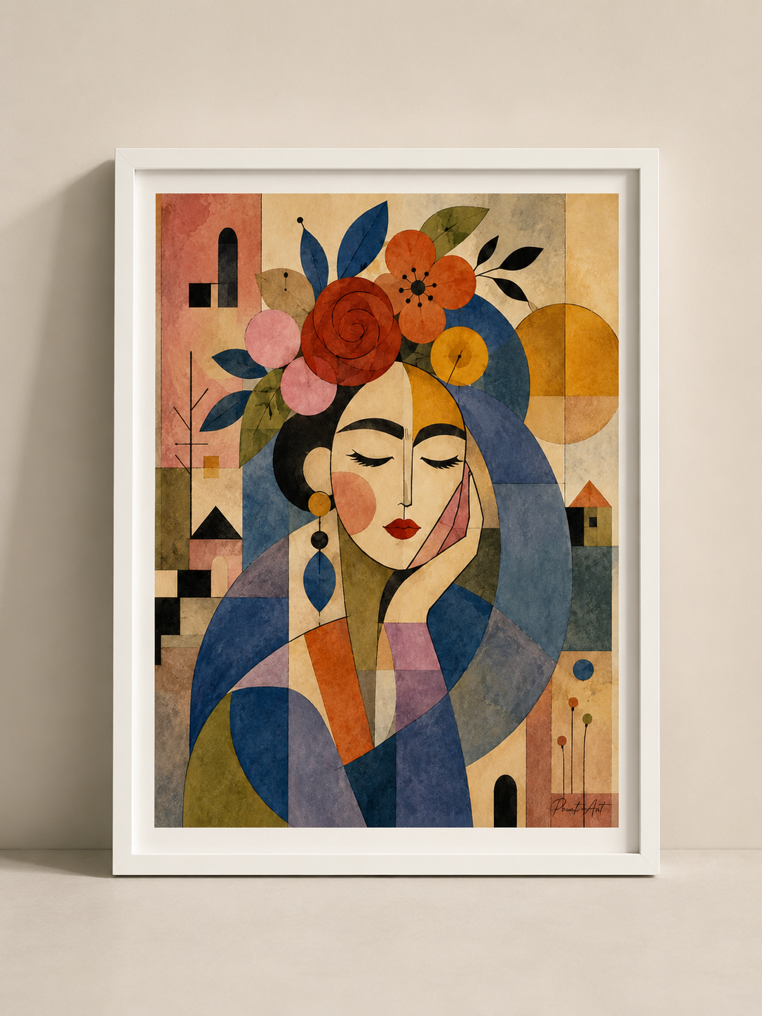 Affiche Portrait Féminin Géométrique Floral – Art Cubiste & Bohème – avec ou sans Cadre
