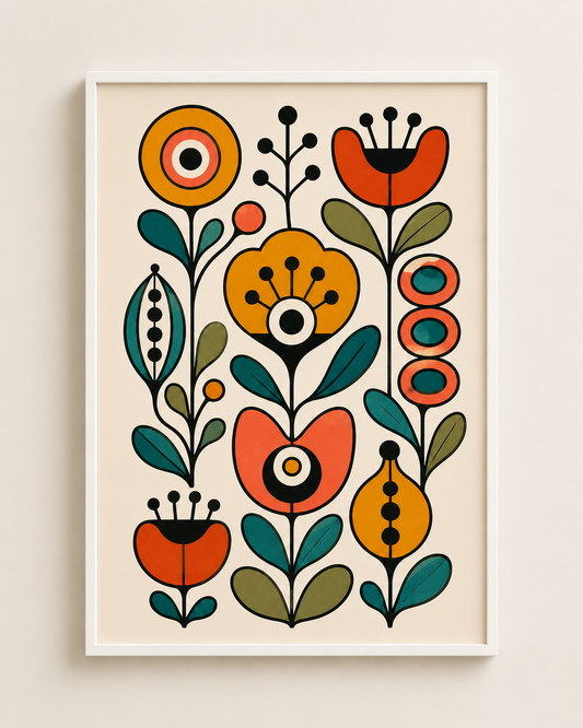 Affiche Botanique Folk Scandinave – Fleurs Graphiques Vintage – avec ou sans Cadre