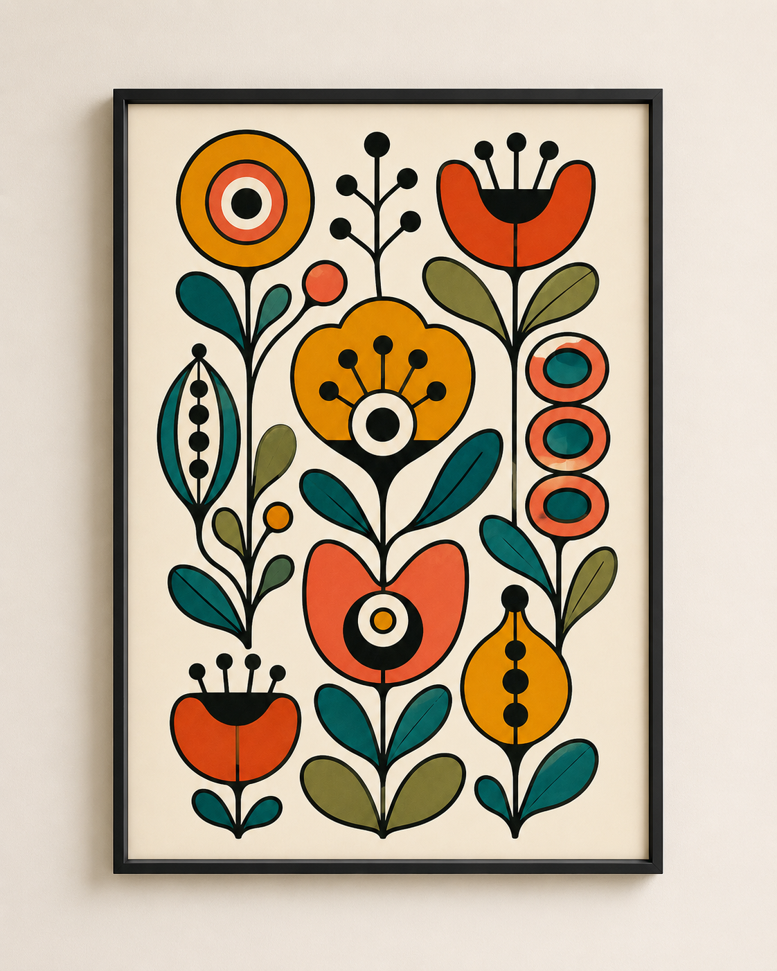 Affiche Botanique Folk Scandinave – Fleurs Graphiques Vintage – avec ou sans Cadre