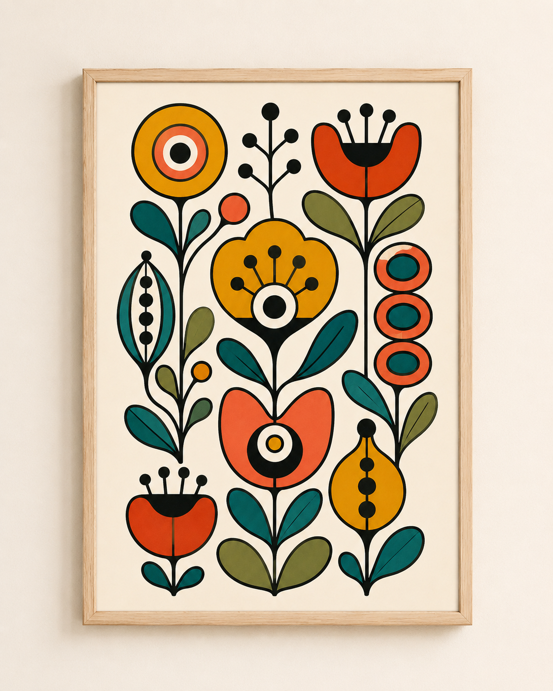 Affiche Botanique Folk Scandinave – Fleurs Graphiques Vintage – avec ou sans Cadre