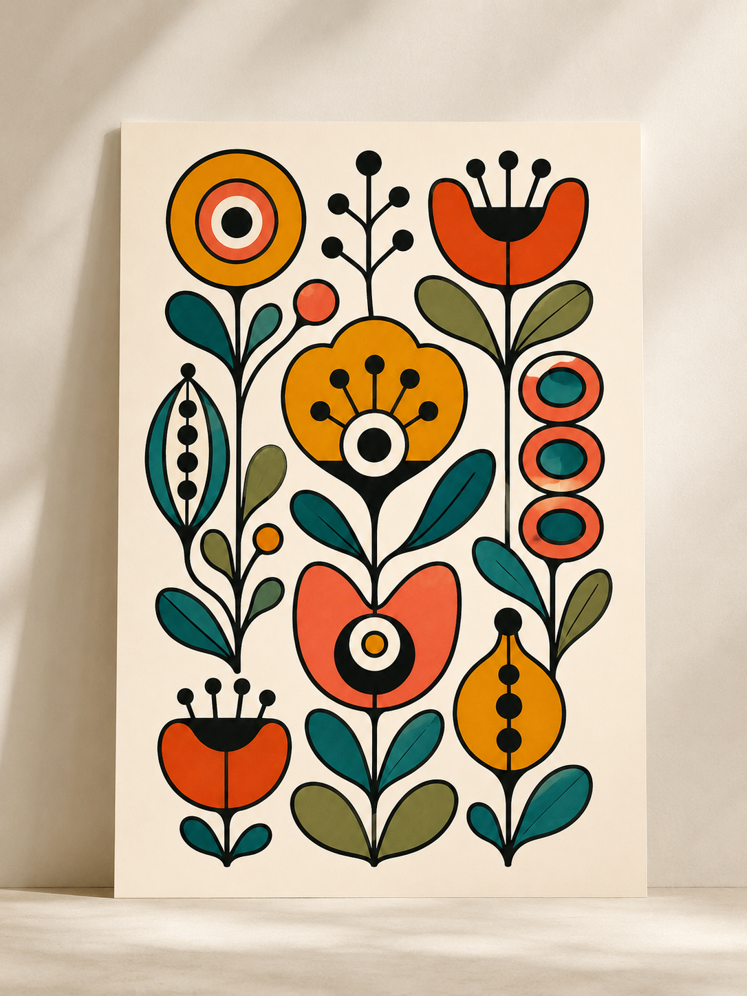 Affiche Botanique Folk Scandinave – Fleurs Graphiques Vintage – avec ou sans Cadre