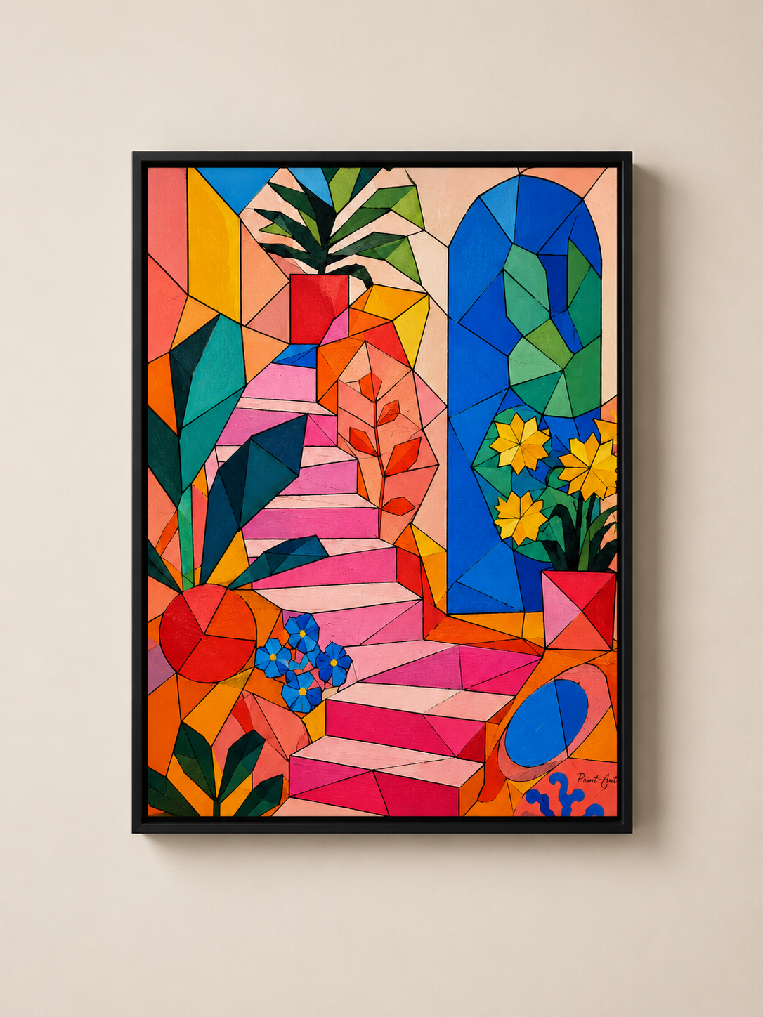 Affiche Intérieur Méditerranéen Cubiste – Escalier Floral Coloré