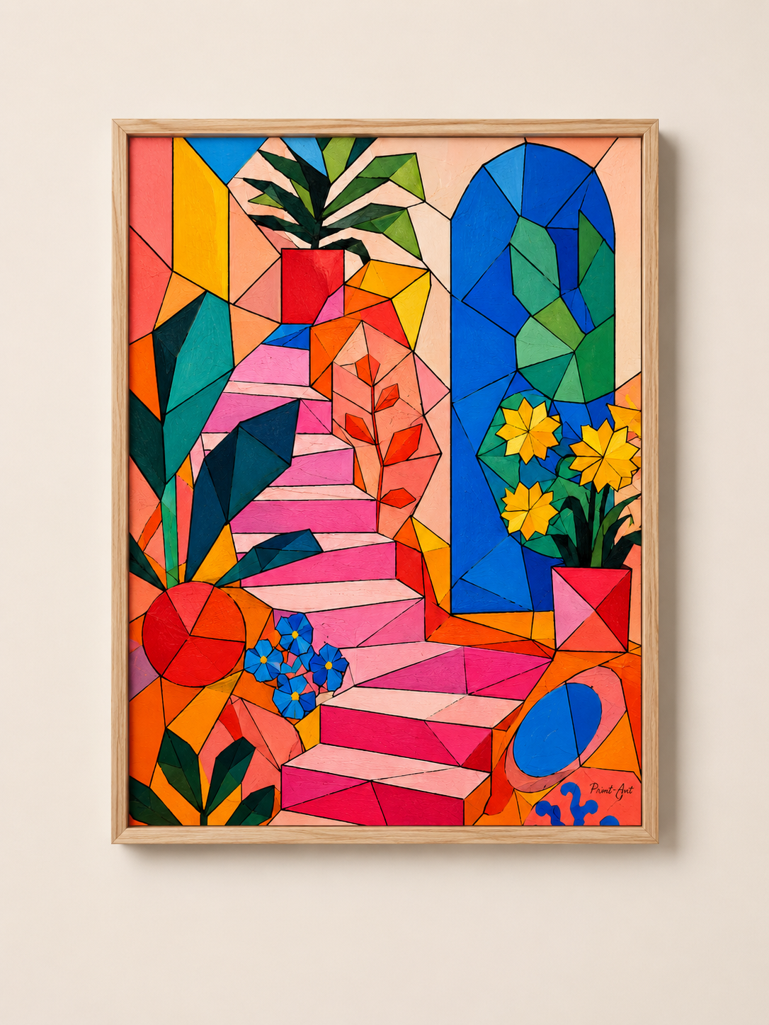Affiche Intérieur Méditerranéen Cubiste – Escalier Floral Coloré