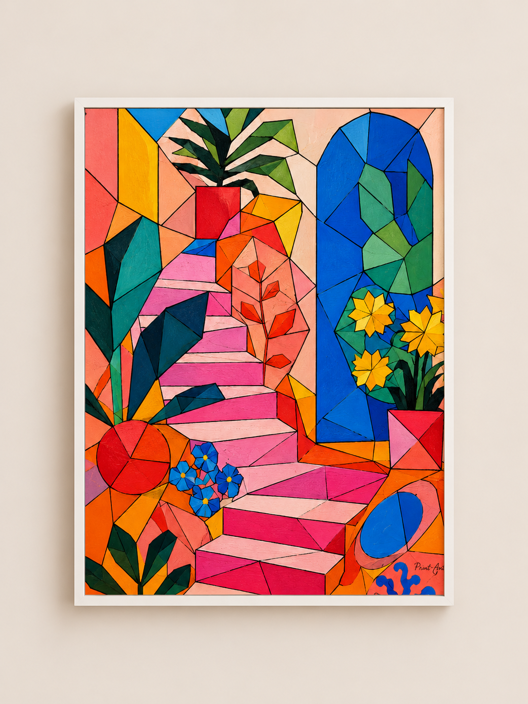 Affiche Intérieur Méditerranéen Cubiste – Escalier Floral Coloré