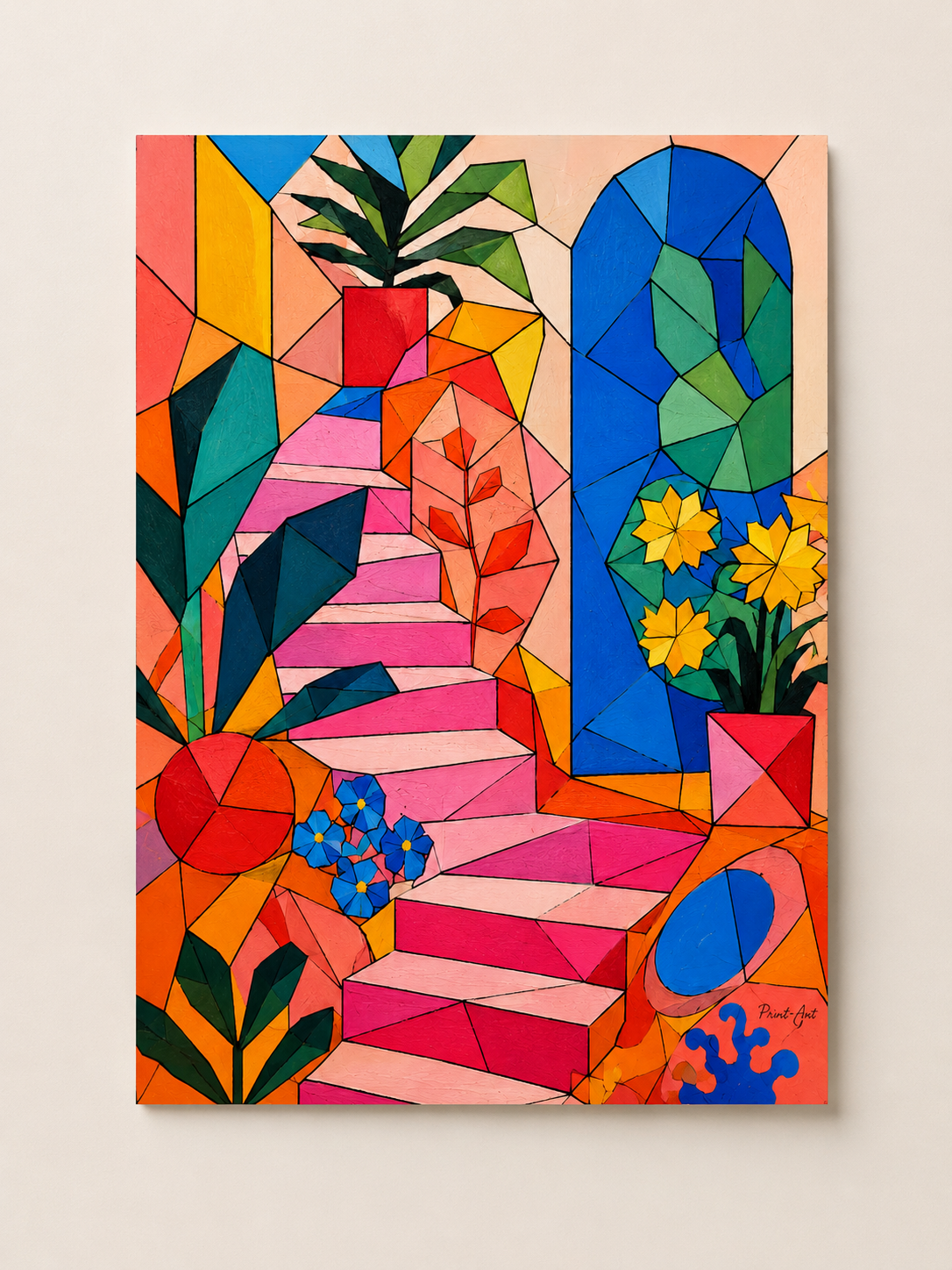Affiche Intérieur Méditerranéen Cubiste – Escalier Floral Coloré
