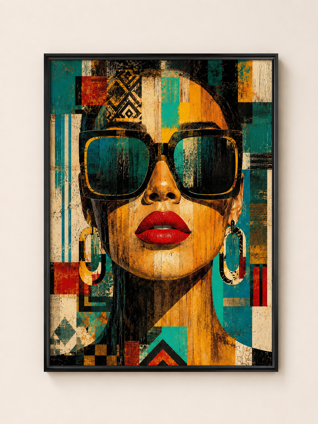 Affiche Portrait Féminin Vintage – Lunettes & Motifs Ethniques – avec ou sans Cadre