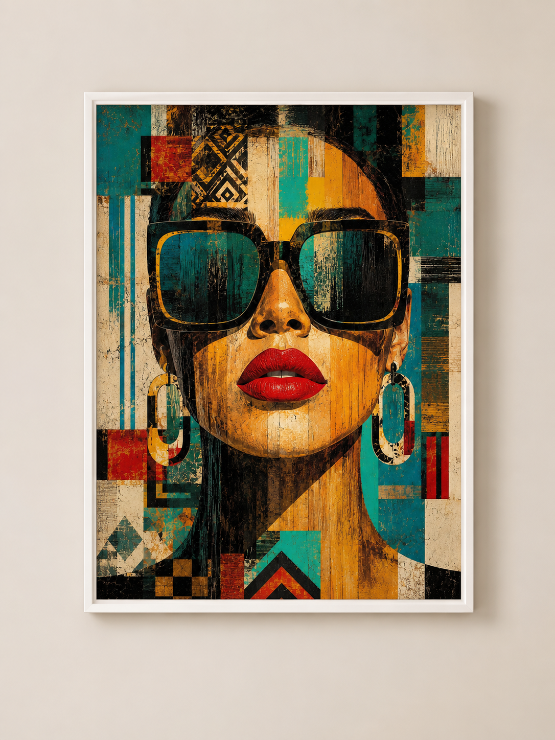 Affiche Portrait Féminin Vintage – Lunettes & Motifs Ethniques – avec ou sans Cadre