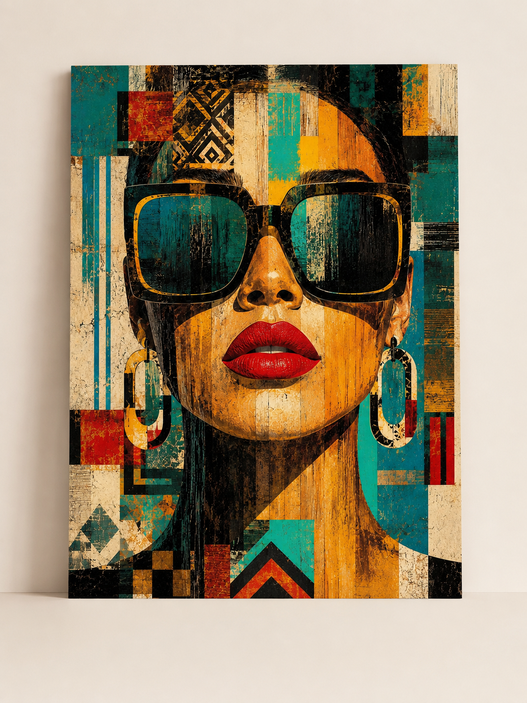 Affiche Portrait Féminin Vintage – Lunettes & Motifs Ethniques – avec ou sans Cadre