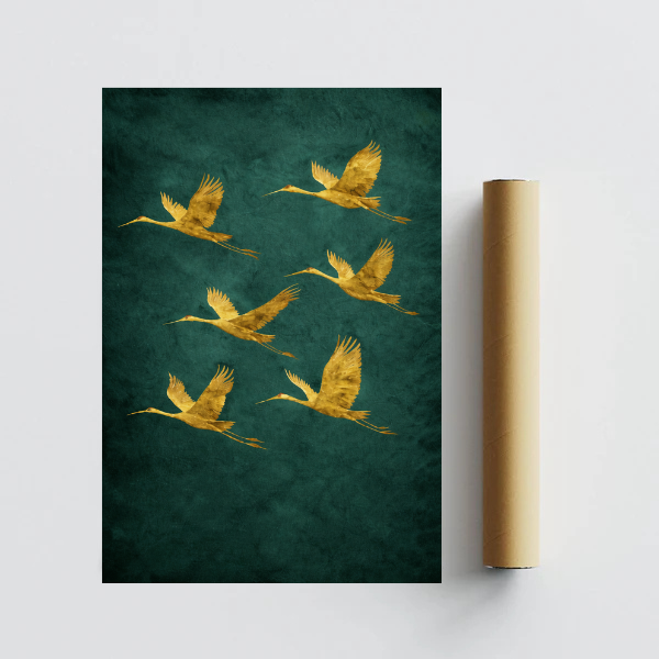 Évasion Céleste – Affiche Grues Dorées sur Fond Bleu Canard – avec ou sans Cadre