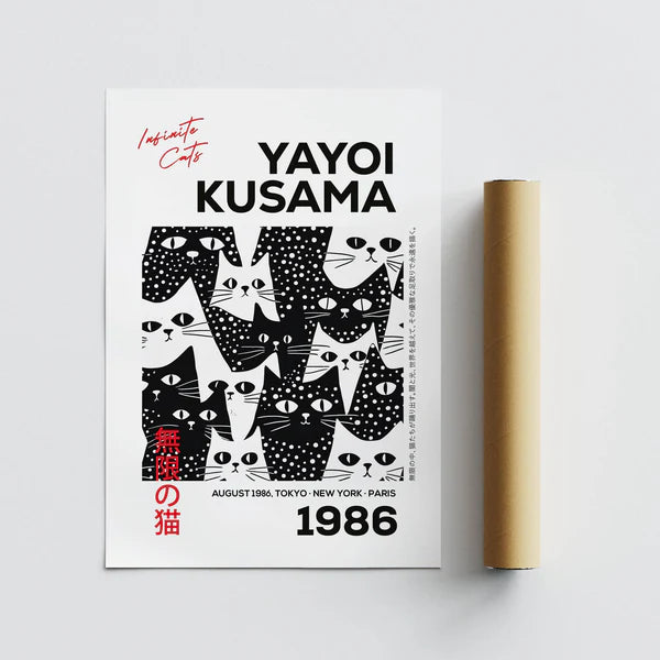 Affiche Yayoi Kusama – Infinite Cats 1986 | Poster Art Japonais Noir & Blanc – Édition Murale Deluxe