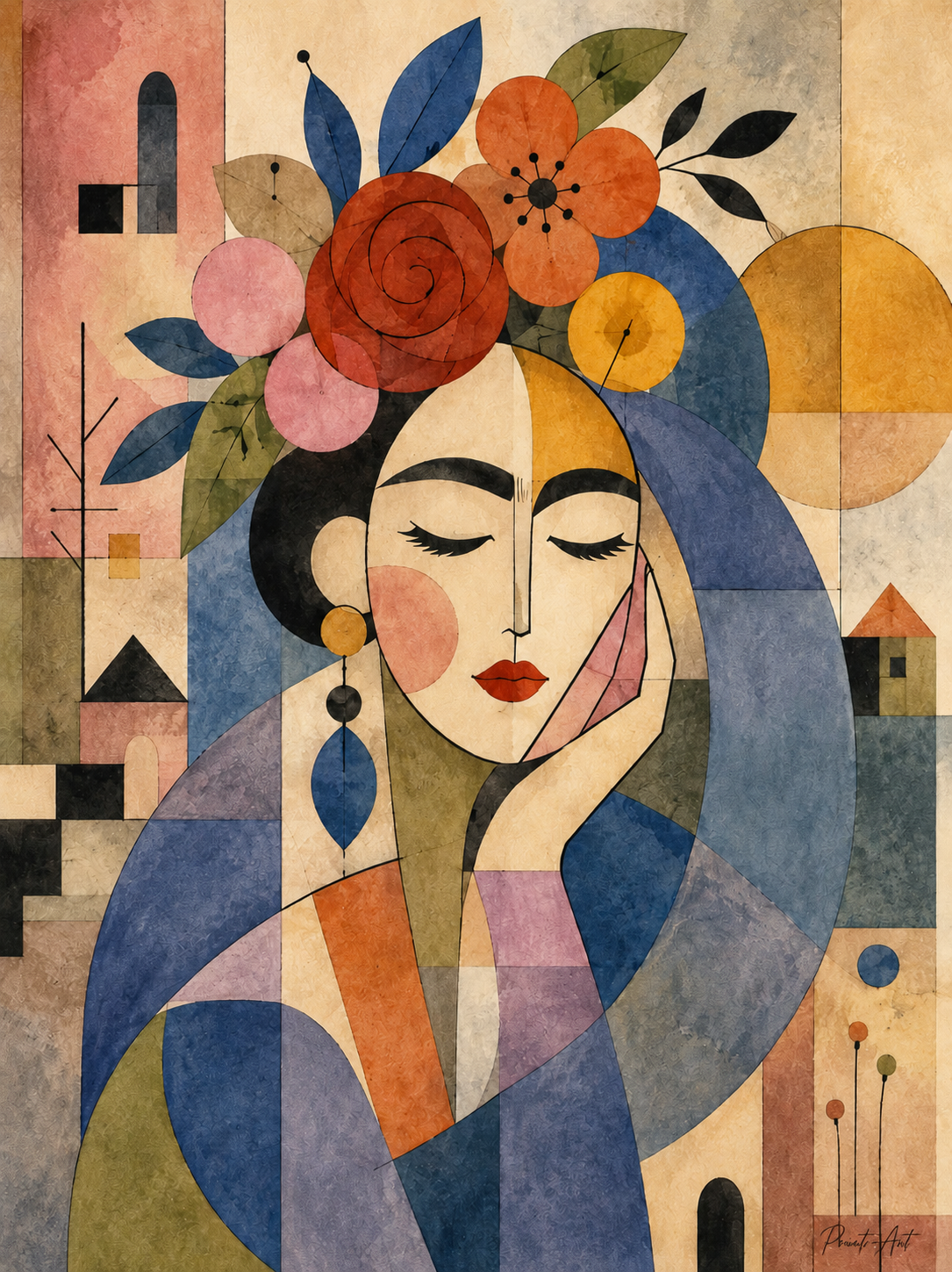 Affiche Portrait Féminin Géométrique Floral – Art Cubiste & Bohème – avec ou sans Cadre
