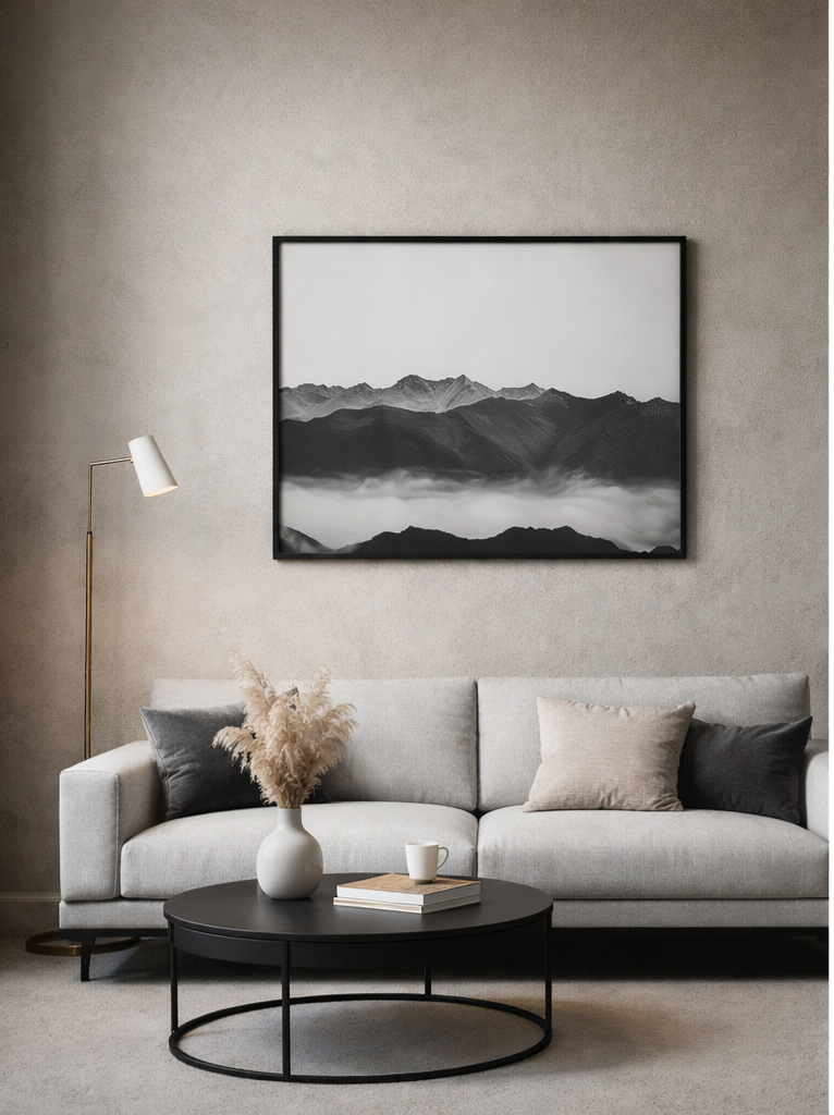 Affiche Murale Noir & Blanc – Paysage de Montagnes Brumeuses