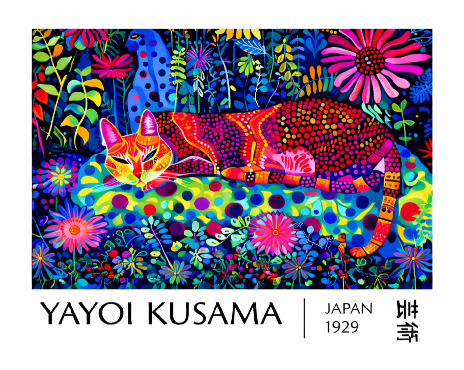 Affiche Yayoi Kusama – Chat & Fleurs – Poster Art avec ou sans Cadre