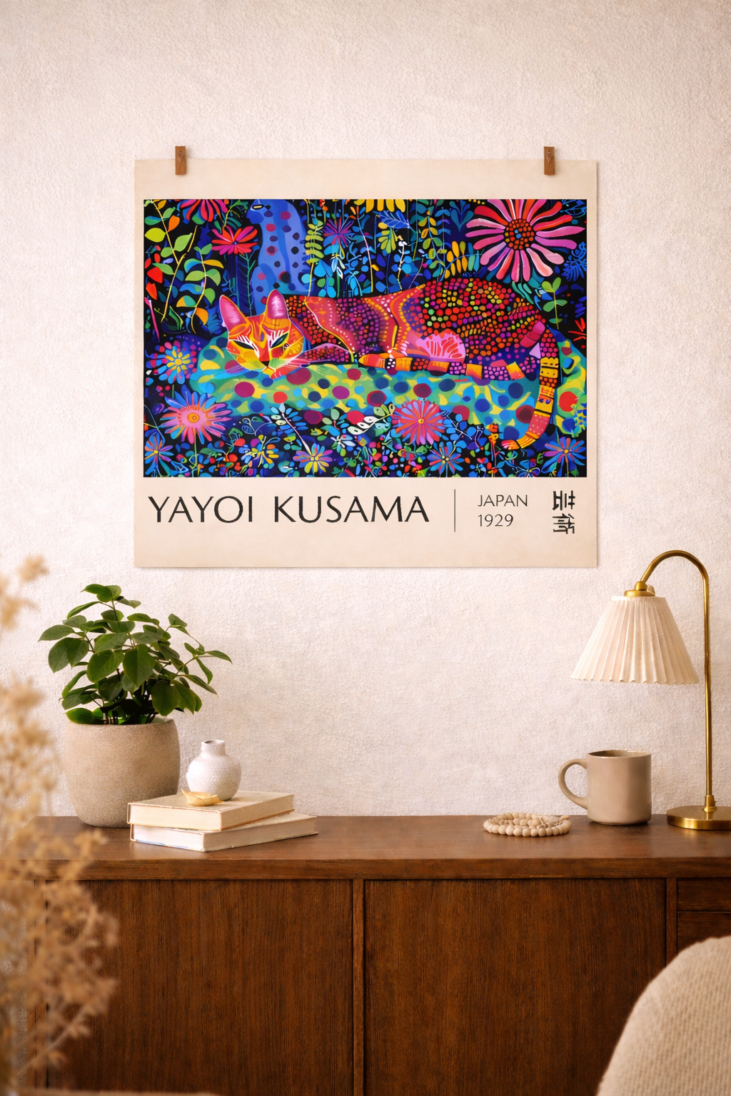 Affiche Yayoi Kusama – Chat & Fleurs – Poster Art avec ou sans Cadre