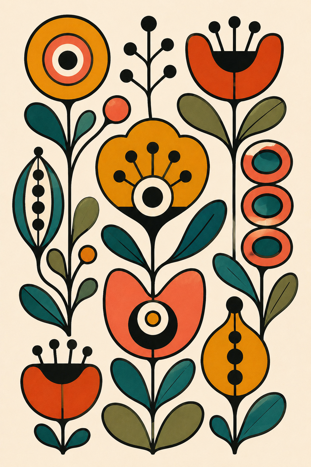 Affiche Botanique Folk Scandinave – Fleurs Graphiques Vintage – avec ou sans Cadre