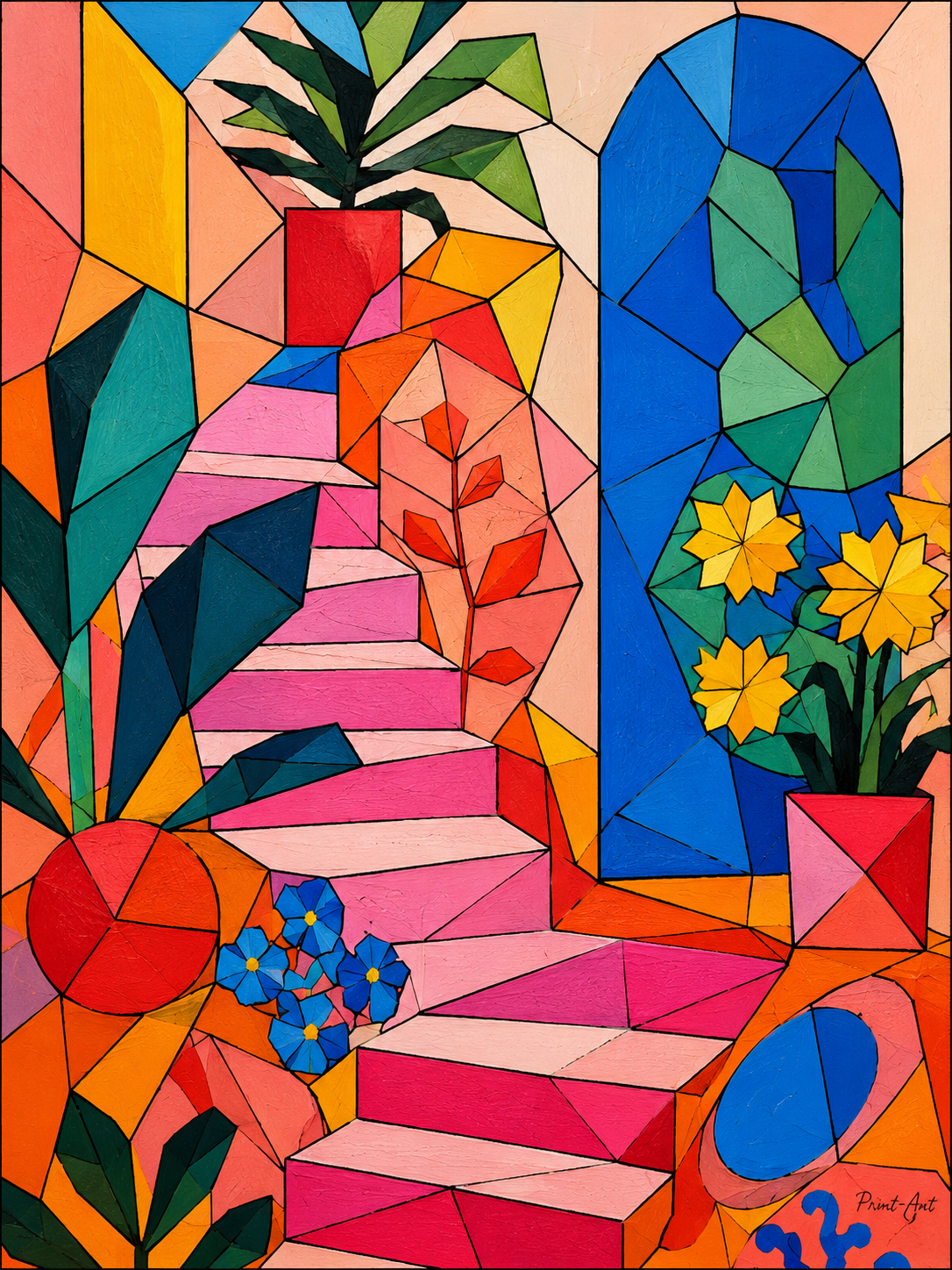 Affiche Intérieur Méditerranéen Cubiste – Escalier Floral Coloré