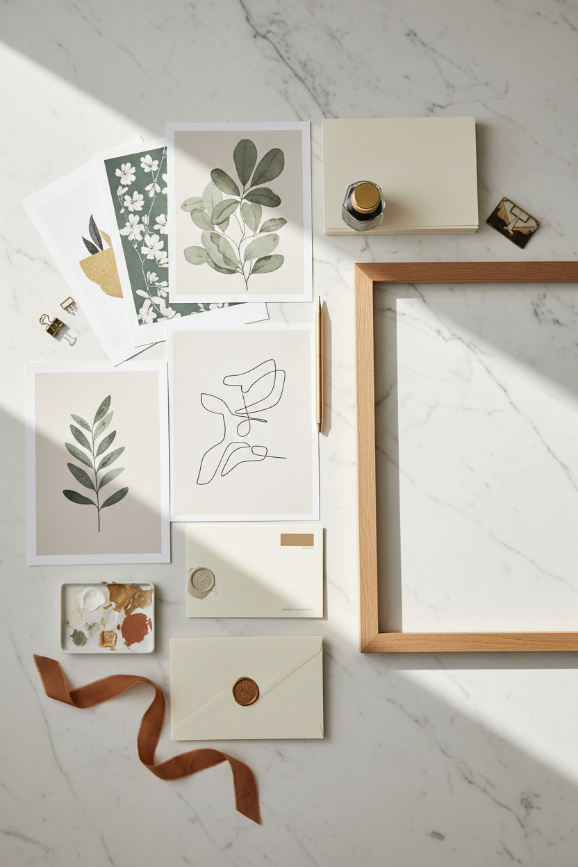 Flat lay affiches et cadres sur marbre
