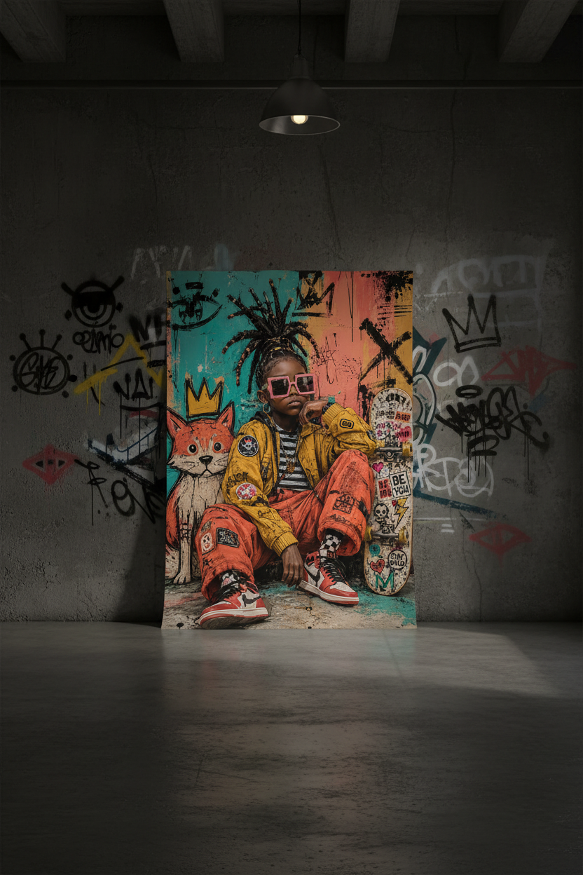 Affiche street art queen skater sans cadre posée contre un mur béton gris dans un loft industriel