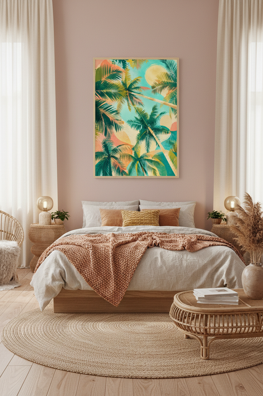 Mockup affiche palmiers tropicaux dans une chambre boho chic
