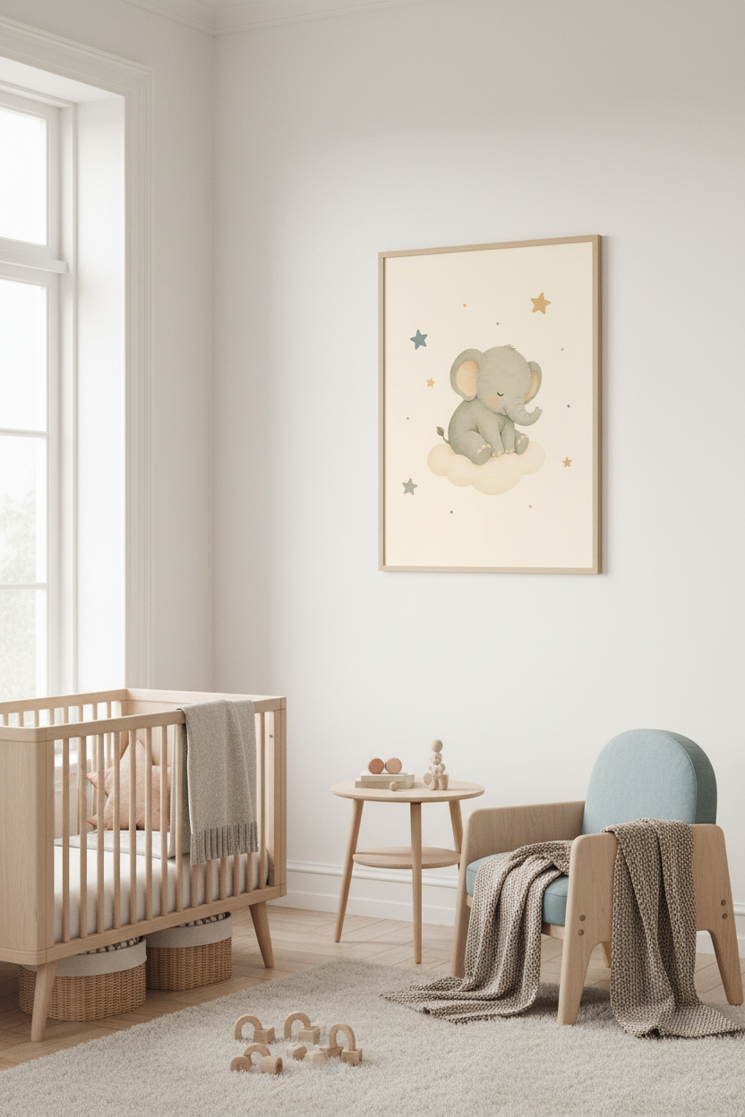 Mockup affiche éléphanteau nuage dans une chambre enfant scandinave