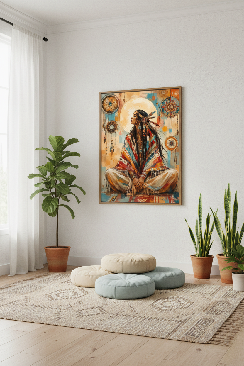 Mockup affiche Spirit Woman dans un espace méditation zen