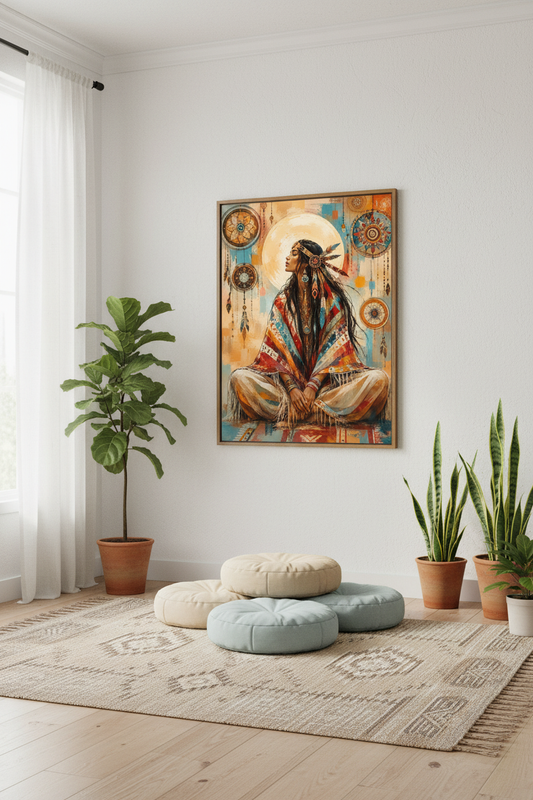 Mockup affiche Spirit Woman dans un espace méditation zen
