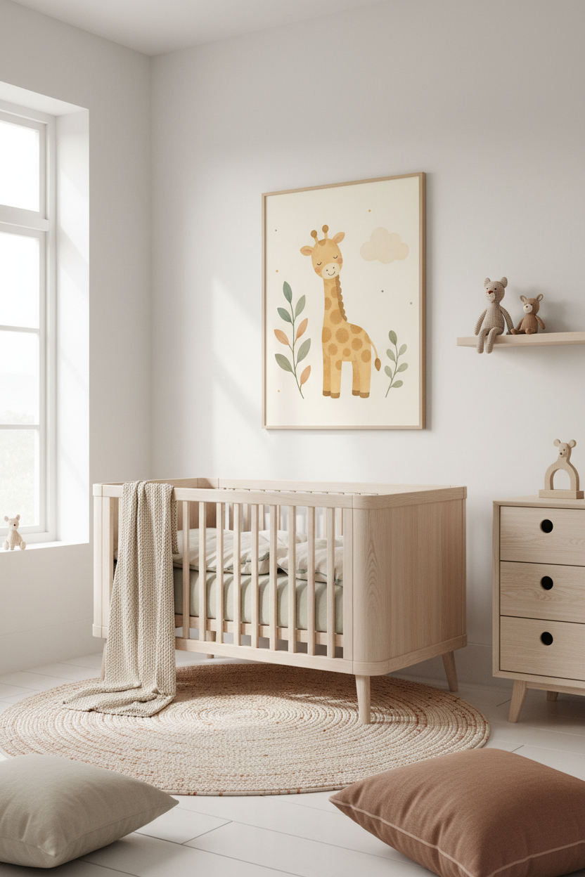 Mockup affiche petite girafe feuillages dans une chambre enfant scandinave
