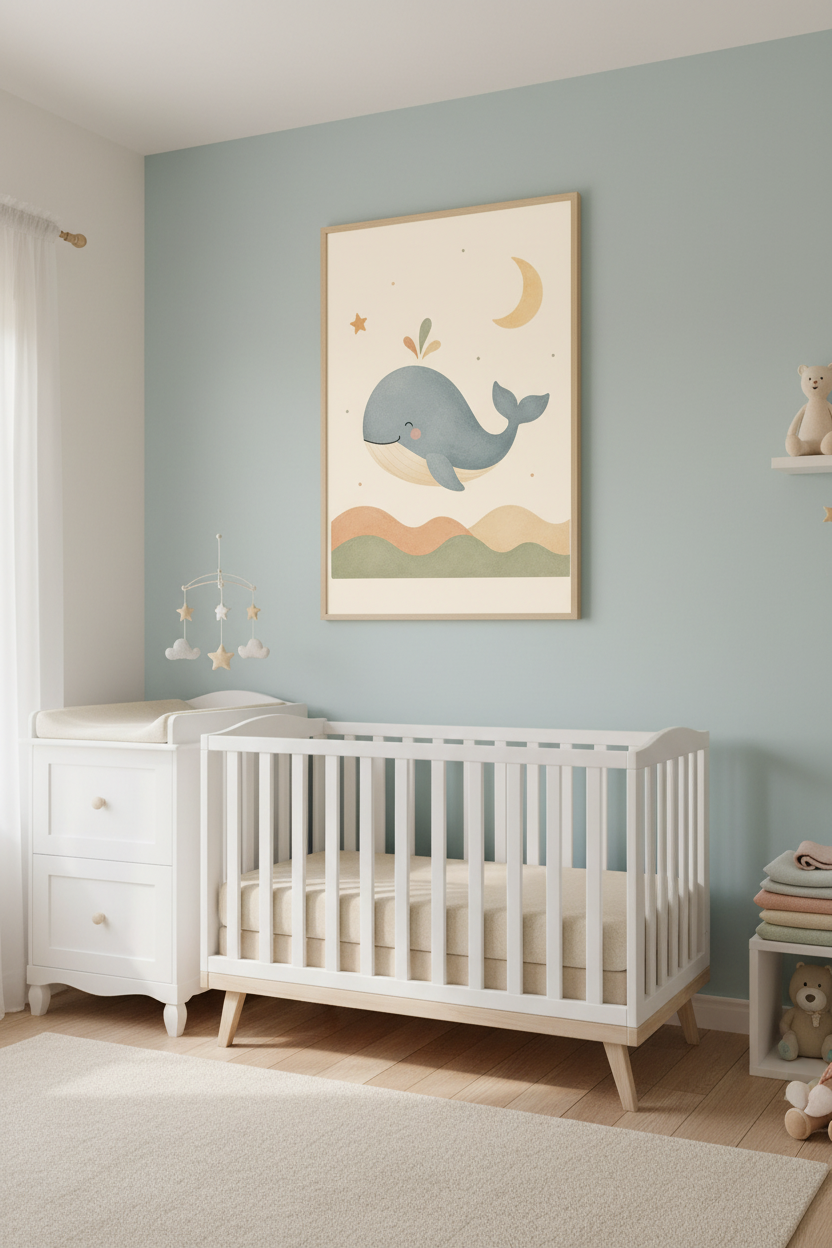 Mockup affiche petite baleine lune dans une nurserie cosy