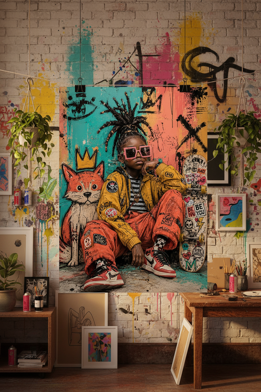 Affiche street art queen skater sans cadre suspendue avec clips dans un studio créatif coloré