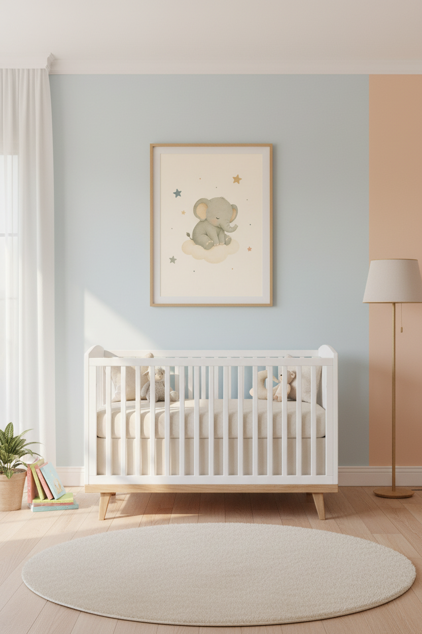 Mockup affiche éléphanteau nuage dans une nurserie cosy